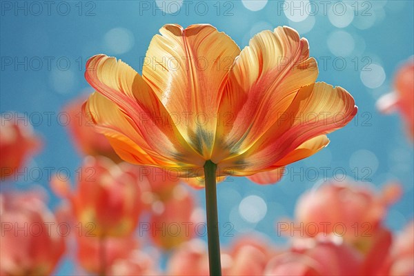 Translucent orange and yellow tulip illuminated by sunlight with a bokeh effect background, AI generated