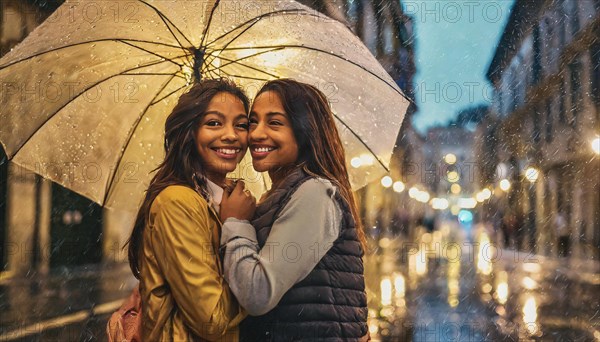 Two sisters sharing an umbrella and a joyful moment on a rainy city night, AI generated, blurry city background with bokeh effect, family love scene, AI generated