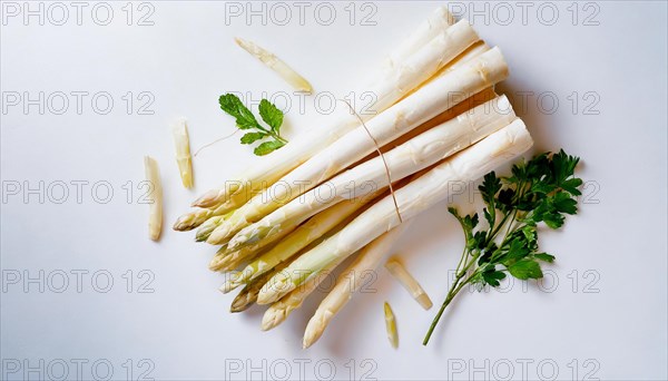 Minimalist view of fresh white asparagus on a rustic white background, fresh white asparagus, AI generated, AI generated