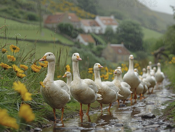 Geese march in a row through the rain near a village, AI generated, AI generated, AI generated