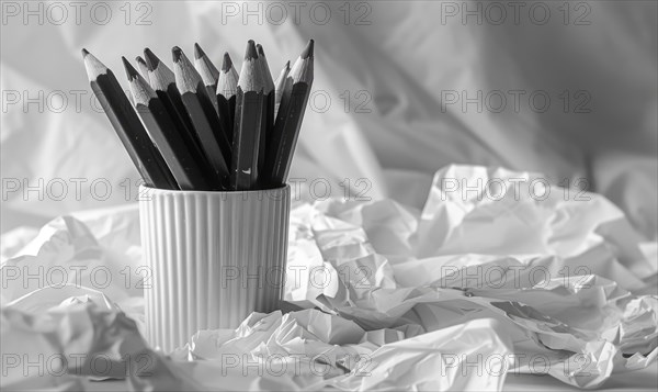 Graphite pencils arranged in a cup on a desk, surrounded by crumpled sheets of discarded white paper AI generated