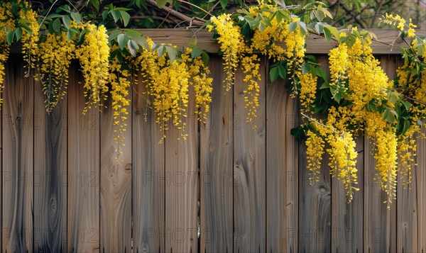 Laburnum branches cascading over a wooden fence AI generated