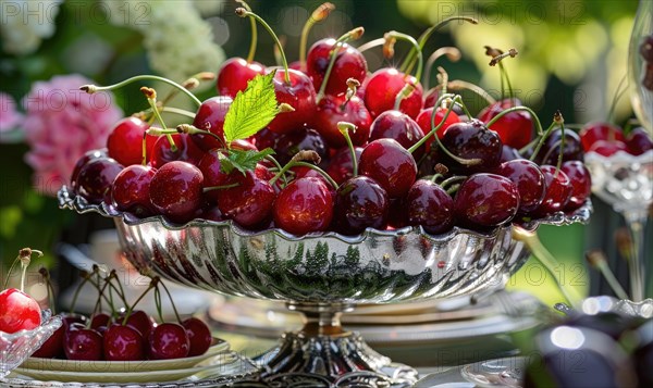 Ripe cherries arranged in a decorative centerpiece for a summer garden party AI generated