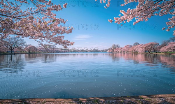 The lake in full bloom during the springtime, cherry tries blossoms near the lake in clear sunny day AI generated