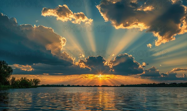 The sun peeking through a fluffy cumulus clouds, clouds reflected in water surface, sunset on the lake AI generated