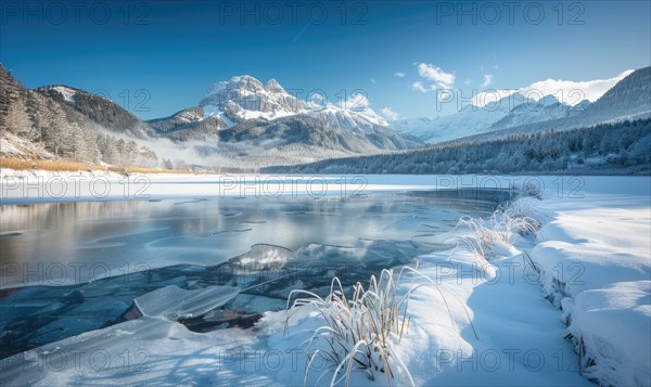 A frozen lake in the depths of winter, surrounded by snow-capped mountains AI generated