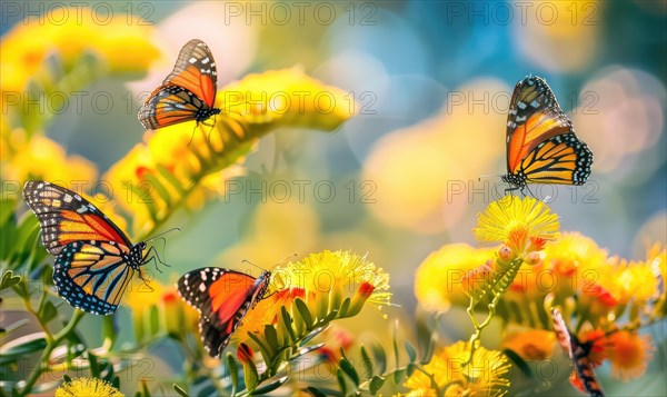 A group of butterflies fluttering around a cluster of Mimosa flowers AI generated