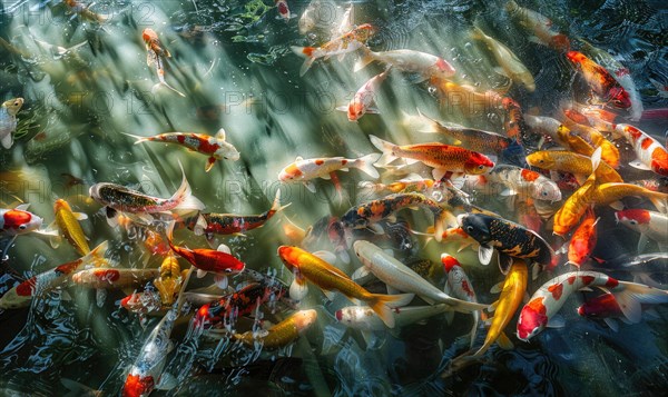 A group of colorful koi fish swimming in a tranquil pond AI generated