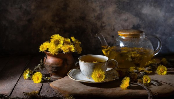 Rustic still life with a cup of coltsfoot tea, teapot and coltsfoot on a wooden table, medicinal plant coltsfoot, Tussilago farfara, KI generated, AI generated