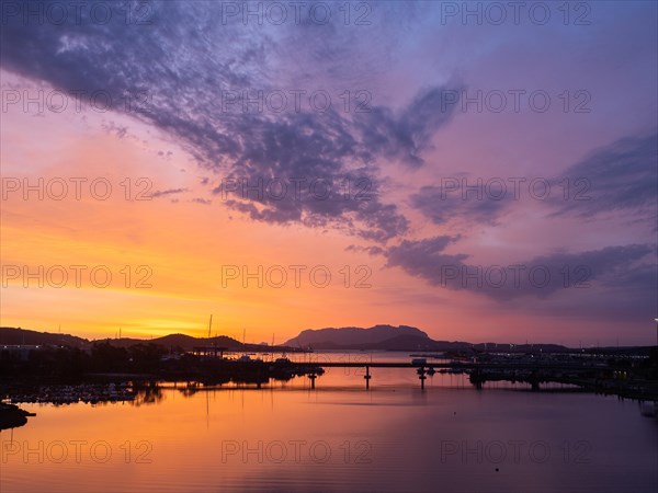 Dawn in front of sunrise, Olbia harbour, Olbia, Sardinia, Italy, Europe