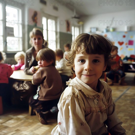 A curious child looks at the camera in a vintage classroom, AI generated