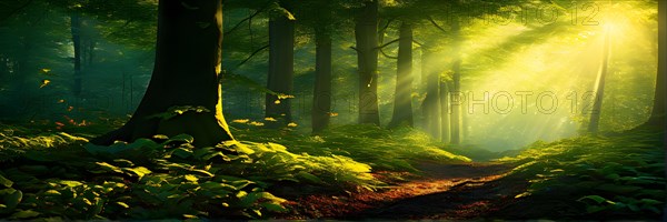 AI generated illustration of tranquil woodland composition awash in layers of diverse green tones sunlight spiraling and flickering