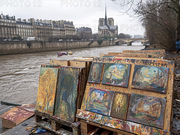 Kunstmarkt mit Gemaelden am Flussufer mit Blick auf Notre-Dame an einem bewoelkten Tag, Lifestyle in Paris, Frankreich, AI generiert, AI generated