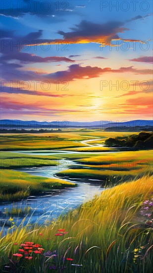 AI generated abstract painting of grasslands under a blazing sunset waves of greens