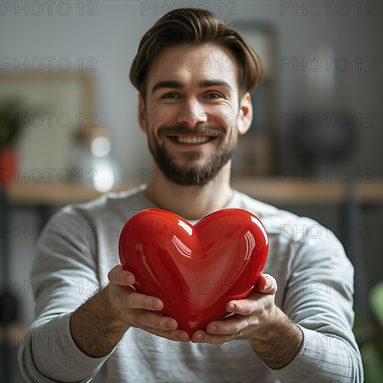 Man with beard and grey sweatshirt smiling and holding a red heart in his hands, AI generated