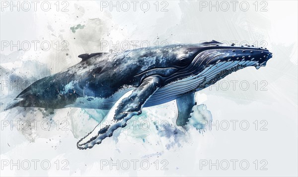 Watercolor illustration of a humpback whale in the ocean AI generated