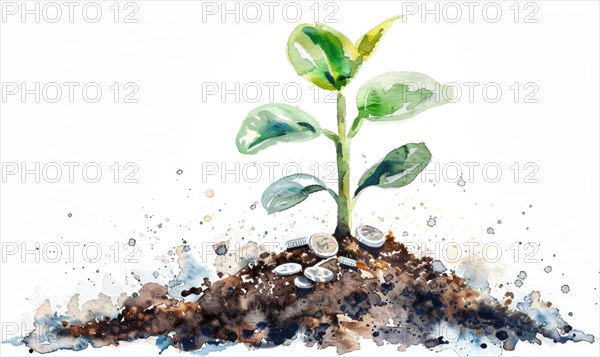 Watercolor illustration of a tree sprout with coins around it AI generated