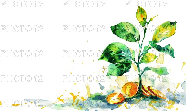 Watercolor illustration of money coins growing on a tree sprout AI generated