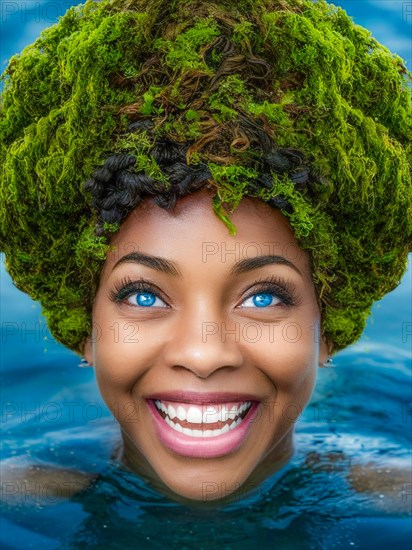 Vibrant image of a smiling woman with blue eyes and mossy afro hairstyle, submerged underwater, earth day concept, AI generated
