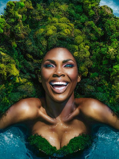 Exhilarated woman with moss hair viewed from underwater, vibrant green tones, earth day concept, AI generated