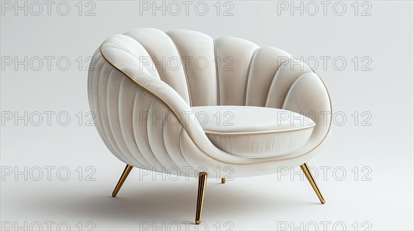 Elegant white modern chair with curved lines and gold accents on a soft grey background, ai generated, AI generated