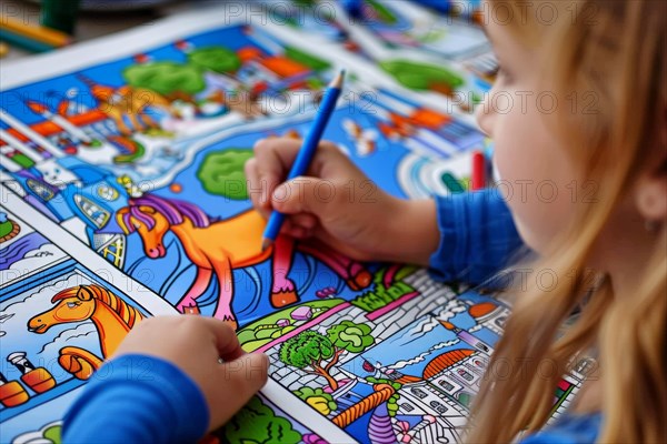 A preschool girl draws with a pencil in a colouring book, AI generated, AI generated, AI generated