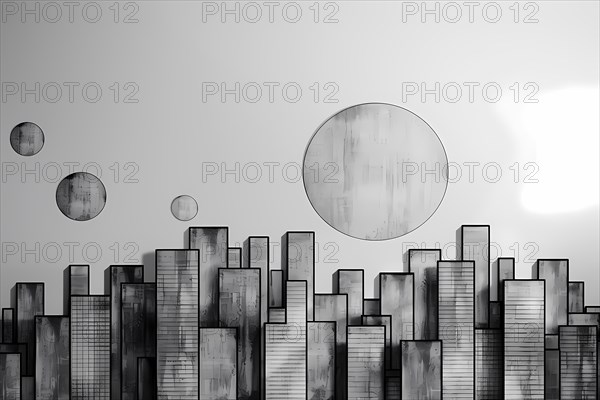 Monochromatic silhouette of skyscrapers with transparent circular overlays, illustration, AI generated