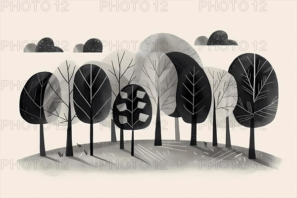 Abstract stylized monochrome depiction of trees in a peaceful setting, illustration, AI generated