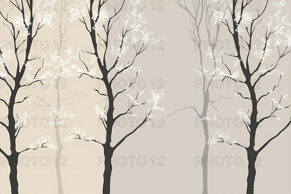 Minimalistic tree silhouettes with bare branches on beige background, illustration, AI generated