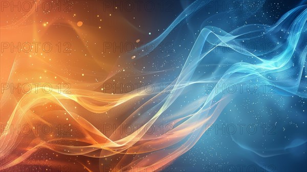 Abstract digital art of flowing blue and orange lines with luminous particles against a dark background, ai generated, AI generated