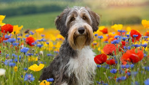 Ai generated, animal, animals, mammal, mammals, a, single animal, bobtail, (Canis lupus familiaris), dog, dogs, bitch, dog breed from England, a single animal, flower meadow