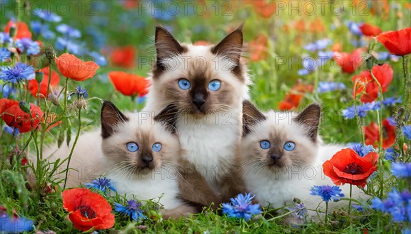 KI generated, animal, animals, mammal, mammals, cat, felidae (Felis catus), a cat and two kittens lying in a meadow, poppies and cornflowers