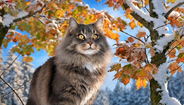 AI generated, animal, animals, mammal, mammals, cat, felidae (Felis catus), a grey-black American Forest Cat, sitting in a tree, autumn, autumn leaves, snow, onset of winter