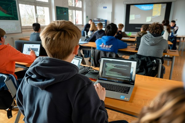 Pupils in a classroom, with laptops on the desks, digitalisation in schools, digital teaching, AI generated, AI generated, AI generated