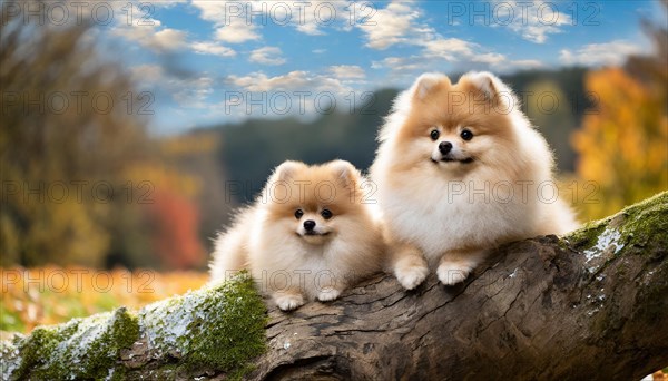 KI generated, animal, animals, mammal, mammals, one, single animal, dwarf spitz, Spitz, (Canis lupus familiaris), dog, dogs, bitch, Pomeranians, two young animals lying on a tree trunk, autumn