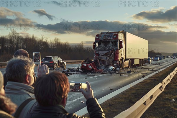 Onlookers, rubberneckers, photographing a serious traffic accident with a destroyed truck and car on the motorway with their smartphones, AI generated, AI generated, AI generated