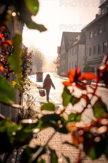 A person walking along a city street in the morning light, sunrise, Nagold, Black Forest, Germany, Europe