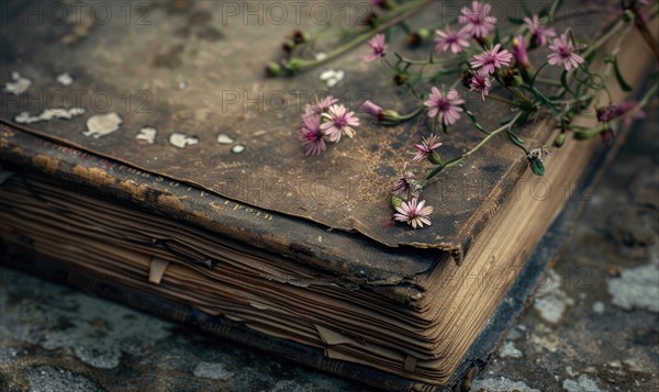 Close-up of a weathered old book with wildflowers growing from its spine AI generated