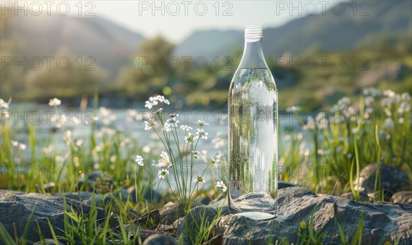 Crystal clear glass bottle mockup showcasing a premium quality mineral water sourced from natural springs AI generated