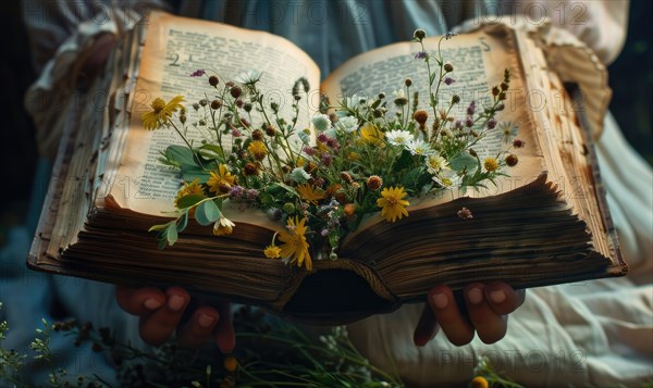 Hands holding an open old book with wildflowers blooming from its pages, closeup view AI generated