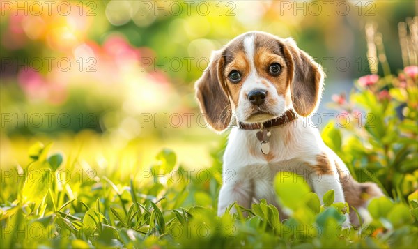 Happy Beagle puppy with floppy ears enjoying a sunny day in the garden AI generated