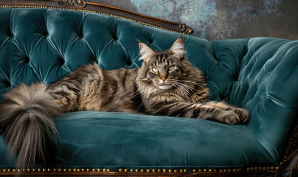 Maine Coon cat posing elegantly on a velvet chaise lounge AI generated