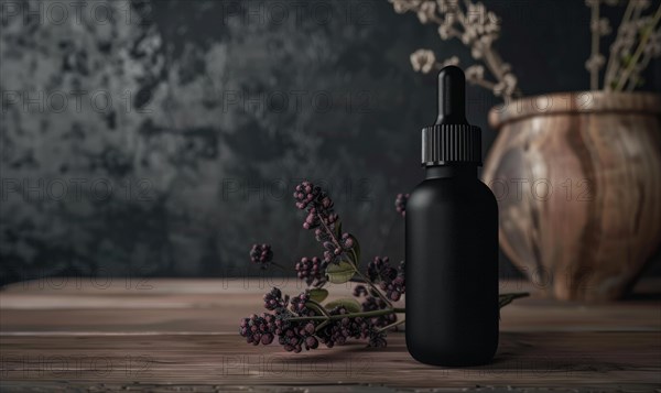 Matte black glass bottle mockup housing a premium quality beard oil enriched with natural oils and vitamins AI generated