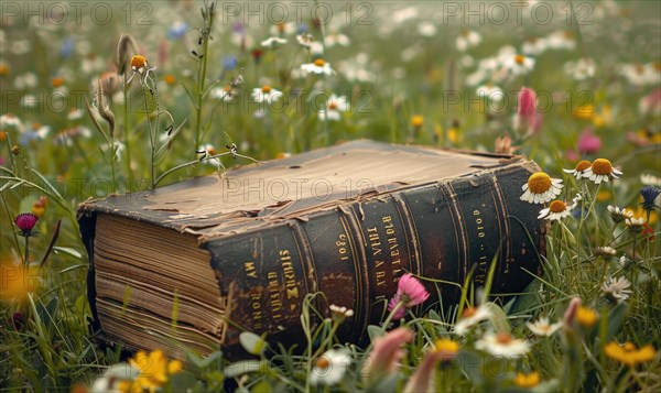 Old book lying on a grassy knoll surrounded by wildflowers AI generated