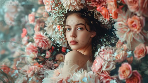 A mesmerizing scene capturing a woman adorned in a dress made of delicate flowers, standing amidst a vibrant field of blossoms, bathed in the golden hues of the setting sun, AI generated