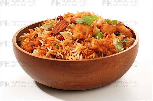 Delicious Chicken Biryani in a Wooden Bowl, AI generated