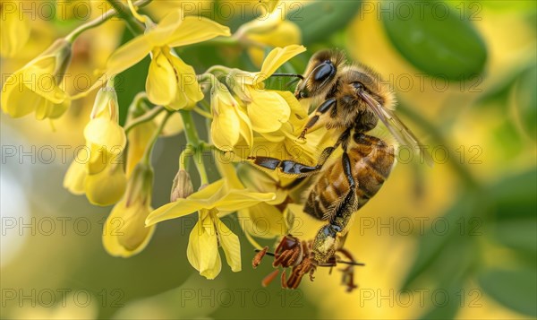 Close-up of a bee collecting nectar from laburnum flowers AI generated