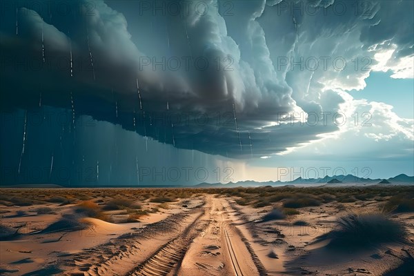 Rare and powerful sight of a rainstorm sweeping across a desert landscape, AI generated