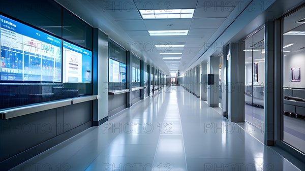 Long empty corridor in a modern hospital with natural light, AI generated, modern, architecture