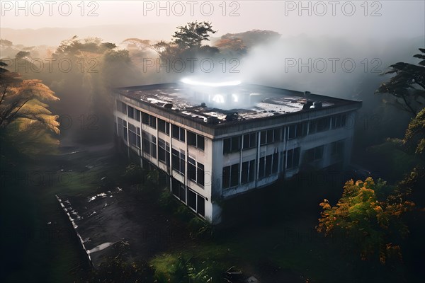 Neglected hospital section with collapsed roof elements, AI generated, hospital, damage, abandoned, ruin, decrepit